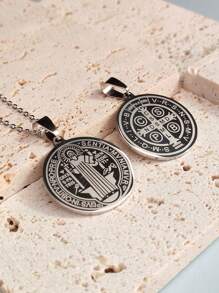 1pc Stainless Steel St. Benedict Exorcism Medal Pendant Necklace, Talisman For Protection Against Evil Spirits, Suitable For Daily Wear And Gift Giving