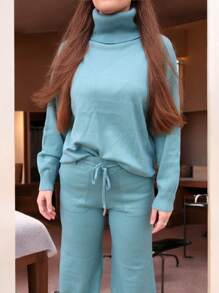 EverlyX Knitted Set With Turtleneck Sweater And Straight Pants - Women's Fashion - Winter 2025 - Shipping From Spain In 24/48 Hours - Baby Blue - View 4