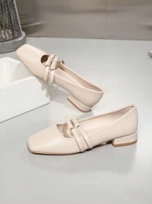 OMS Apricot Flat Loafers For Women, 2024 Spring/Autumn Fashion Sexy Square Toe Mary Jane Shoes With Contrast Strap, Thick Heels, Casual Commute Shoes