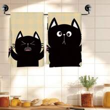 2 件套黑猫格纹图案手巾、日常厨房洗碗巾、家居装饰茶巾