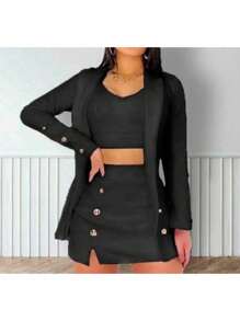 Conjunto 3 Piezas Falda Top Y Blazer - Negro - Ver 1