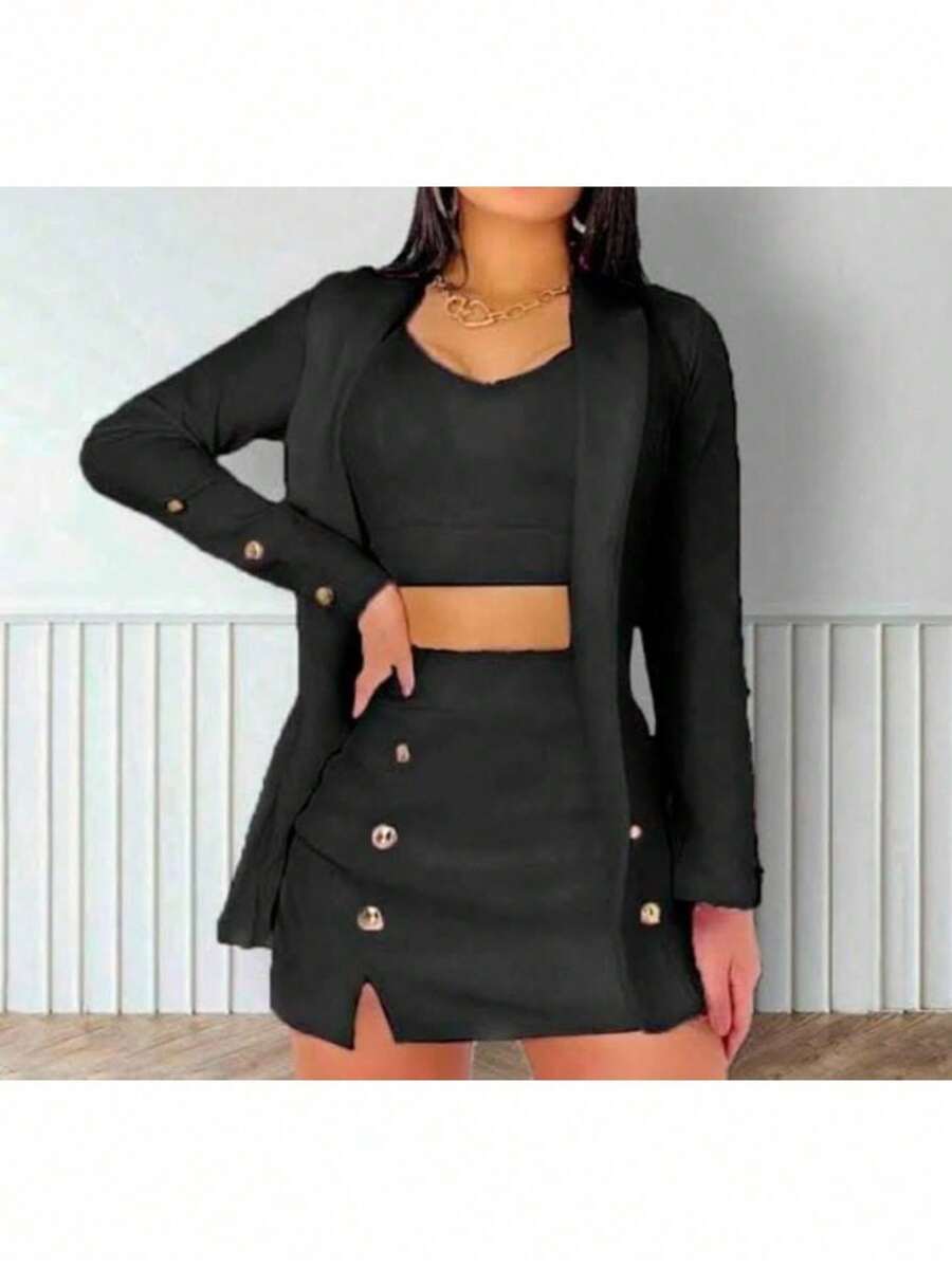 Conjunto 3 Piezas Falda Top Y Blazer - Negro - Ver 1