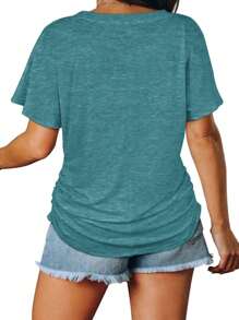 GEREARC Womens Basic Short Sleeve V Neck Tops With Side Shirring Loose Fit Shirts - 綠松石 - 查看 2