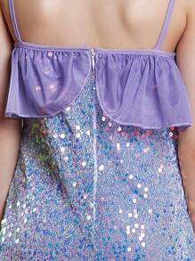 Tween Girls Elegant & Purple Sequins Splice Evening Gown Dress, Spaghetti Strap Off Shoulder Mermaid Silhouette Suitable For Prom, Wedding, Party, Birthday, Gathering - Violet Purple - View 5