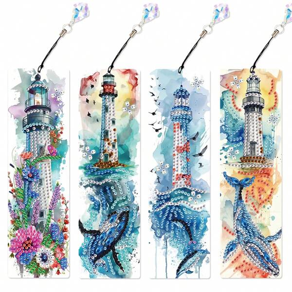 4 Pcs Lighthouse Design Ocean-Inspired Diamond Painting Bookmarks Kit, DIY Diamond Art Craft Bookmark Set With Unique Shaped Diamonds, Perfect For Book Enthusiasts