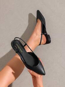 Women Flats Slingback Pointed Toe Elegant Lady Ballet Flats With Adjustable Buckle Strap Chic Fashion Low Heel Dress Casual Work Office Party Shoes - 黑色 - 查看 1