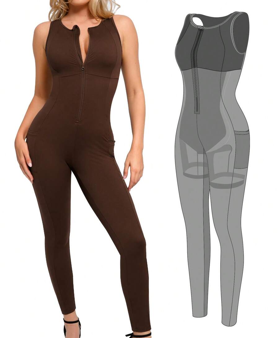Popilush Shapewear Jumpsuit Workout Jumpsuits With Pockets Zip Up Jumpsuits For Women