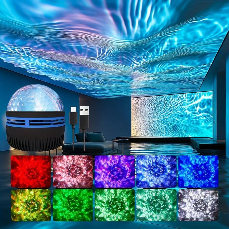 1個帶遙控led水波狀星空燈,投影燈,usb插頭房間裝飾氛圍燈 - 彩色 - 查看 1