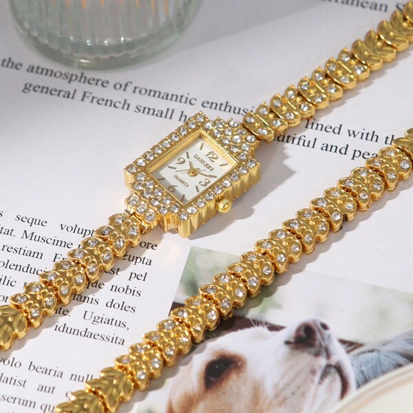 New Fashionable Gold Luxury Watch & Bracelet Set For Women, Embellished Square Bangle Watch, Gift For Women On Special Occasions Valentine's Day
