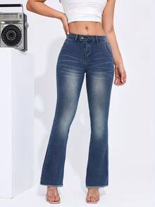 Quần Jeans Ống Loe Cạp Thấp Có Túi Bên Hông Cho Nữ, Ôm Vừa Gợi Cảm - Màu xanh lam - Xem 5