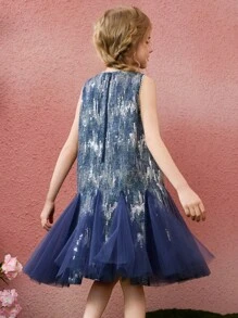 ASK JUNIOR 青少年女孩无袖美人鱼风格亮片和网眼拼布服装连衣裙