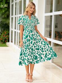 Women Summer Boho Floral Casual V Neck Ruffle Short Sleeve A-Line Midi Sun Dress