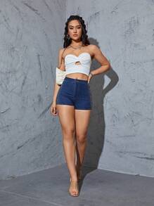 Women's Rhinestone Stretch Denim Shorts High Waisted Bodycon Shorts - 5" Inseam Skinny Jean Shorts With Zip & Button Closure, Sparkling Embellished Design - Dark Wash - View 4