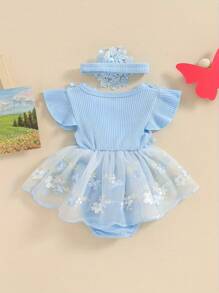Newborn Baby Girl 1st Birthday Outfit Floral Lace Tulle Romper Tutu Dress Cake Smash Princess Boho Clothes Photo Shoot - Màu xanh lam - Xem 4