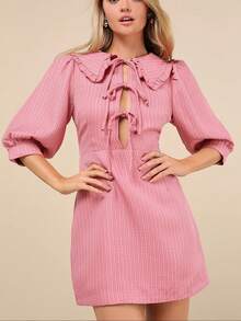 女士时尚粉色粗花呢圆领短款溜冰裙 - 藕粉色 - 查看 1