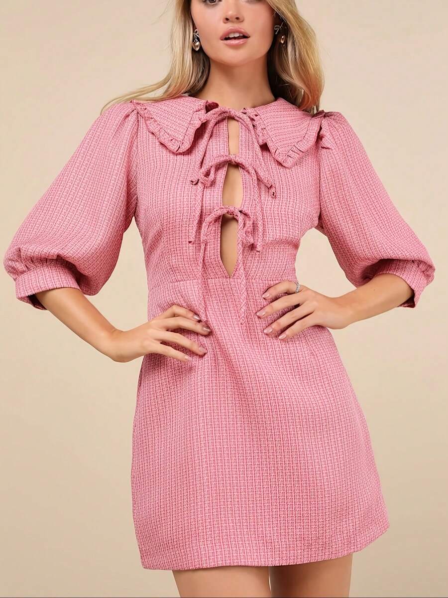 女士时尚粉色粗花呢圆领短款溜冰裙 - 藕粉色 - 查看 1