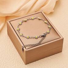1pc Women Stainless Steel Colorful Daisy Flower Chain Bracelet, Fashion Everyday Versatile - Multicolor - View 14