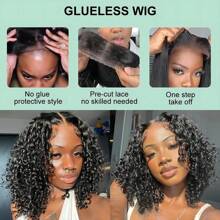 Glueless Wig Human Hair Kinky Curly Bob Wig Pre Cut Lace Front Wig Wear And Go Glueless Wig Real Hair 4x4 Lace Closure Wigs Brazilian Virgin Hair 180% Density Natural Black Wig - Natural Black - 查看 6