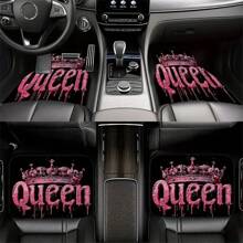 4 piezas de alfombrillas de piso de automóvil de lujo premium, hechas de material de piel sintética de poliéster, antideslizantes, resistentes al desgaste, fáciles de limpiar y lavar, aptas para la mayoría de sedanes y SUV, con elegante patrón de corona impreso - Unitalla - Ver 2