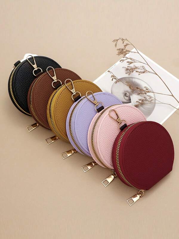 Round Zipper Coin Purse, Portable Mini Round Leather Texture Earphone Bag, Key Holder Pouch