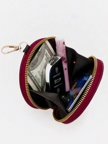 圆形拉链零钱包，便携式迷你圆形皮革纹理耳机包，钥匙包 - 彩色 - 查看 3