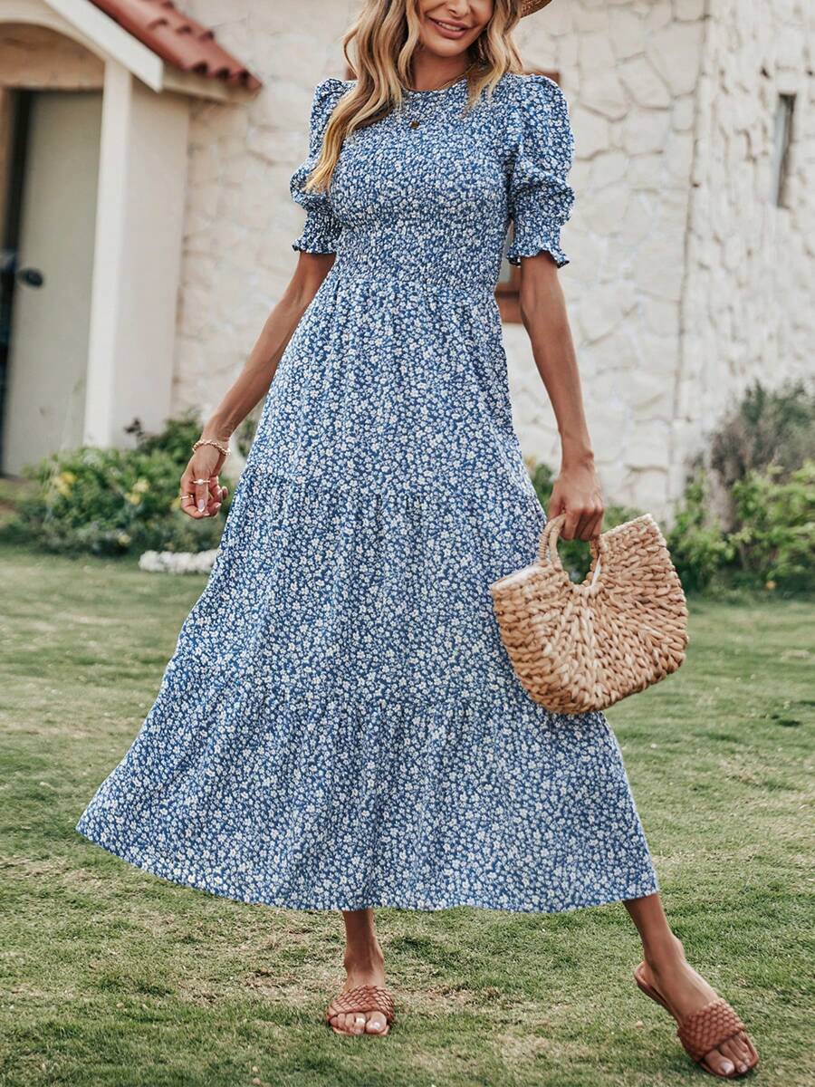 Women Casual Summer Crew Neck Ruffle Short Sleeve Floral Print Polka Dots Smocked Dress Button Keyhole Back Spring Boho Bohemia Tropical Flowy Beach Holiday Vacation Valentine Long Maxi Dress - xanh nhạt - Xem 1