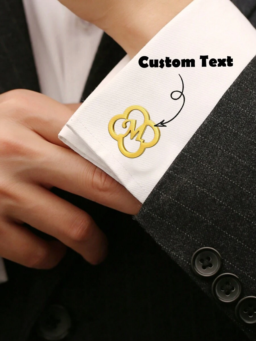 个性化定制新名字袖扣银质婚礼礼物新郎首字母袖扣伴郎礼物送给爱人朋友父亲兄弟情人节珠宝礼物 - 金色 - 查看 1