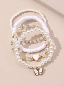 4 件奢华蝴蝶和心形人造珍珠串珠软陶链手链，送给女孩的精致礼物，珠子颜色随机 - 4pcs - 查看 2