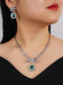 1 Conjunto de 3 piezas de joyería de lujo con diseño de lazo con circonita cúbica, collar y pendientes adecuados para fiesta de noche, accesorio de collar personalizado a juego con vestido de noche, boda, día de San Valentín, regalo para mamá, Día de la Madre