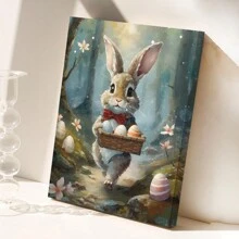 1PC Cute Rabbit Decor, Hiking Easter Bunny Poster, Forest Canvas Wall Art, Easter Bunny Decor, Easter Day Wall Art- Home Decor -Living Room, Bed Room, Hallway Decoration Gifts Birthday Graduation