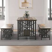 Rustic Brown 63Inch Wooden Large Dining Table With 2 Benches, 3-Piece Kitchen Table Dinette Set For Breakfast, Gathering, Kitchen