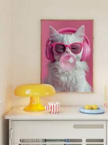 1pc Canvas Art Painting, Modern Decorative Poster Depicting A Cat Wearing Headphones And Chewing Bubble Gum, Frameless Wall Decor Suitable For Home, Office And Bathroom, High-Quality Canvas - Pink - View 3