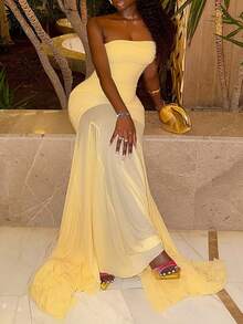 女士时尚奶油黄色露肩网眼拼布鱼尾长裙，性感修身浪漫优雅海滩派对礼服