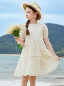 ASK JUNIOR 少女甜美海滩度假风飘逸雪纺公主裙 - 米色 - 查看 9