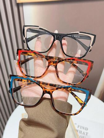 3pcs/Set Women's Cat Eye Dopamine Contrast Color Transparent Lens Glasses Set, Gift Set, Suitable For Office, Travel, Photography, Fashion Eyewear Set