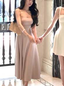 Romantic Pink Square Neck Elegant A-Line Sleeveless Midi Spring Summer Graduation Dress - Baby Pink - View 9