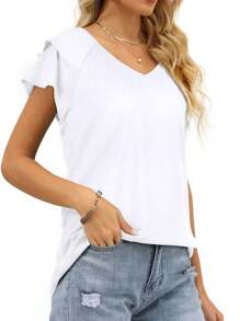 GEREARC Womens Summer Tops Ruffle Short Sleeve V Neck T-Shirts Loose Fit - 白色 - 查看 5