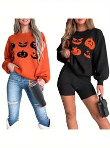 Suéteres de otoño para mujer, de Halloween, con estampado de cara de fantasma de calabaza, manga larga, cuello redondo, prendas de punto - Negro - Ver 3