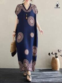 Plus Size Women's Spring & Autumn V-Neck Retro Bohemian Style Floral Print Elegant Short Sleeve Arabic Maxi Dress