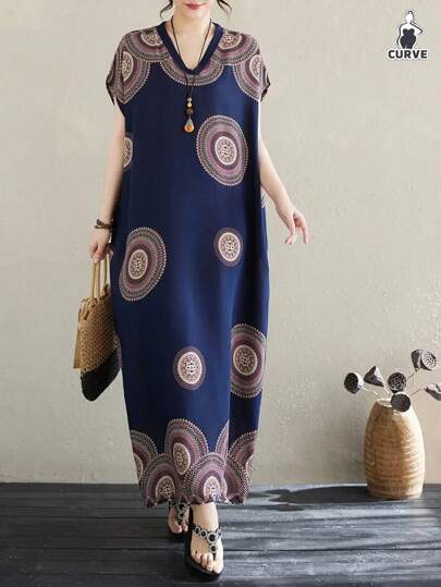 Damen Große Größen Frühlings- und Herbst- V-Ausschnitt Retro Boho-Stil Blume Muster elegantes Kurzarm Arabisch Maxikleid