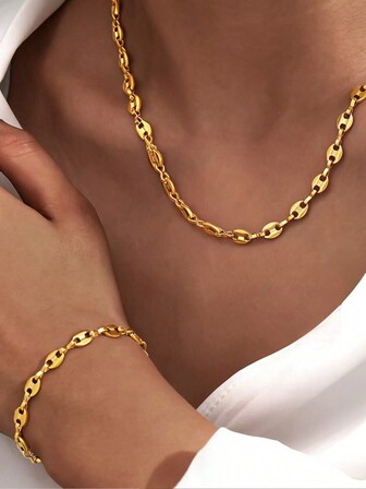 2 件不锈钢项链、手链和耳环套装，猪鼻子和咖啡豆吊坠带延长链，性感优雅的链式首饰，无需缝纫，适合日常佩戴和情人节礼物 - 全年适用（手工制作尺寸，略有偏差）