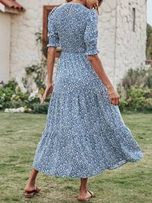 Women Casual Summer Crew Neck Ruffle Short Sleeve Floral Print Polka Dots Smocked Dress Button Keyhole Back Spring Boho Bohemia Tropical Flowy Beach Holiday Vacation Valentine Long Maxi Dress - xanh nhạt - Xem 2