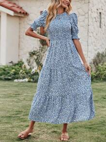 Women Casual Summer Crew Neck Ruffle Short Sleeve Floral Print Polka Dots Smocked Dress Button Keyhole Back Spring Boho Bohemia Tropical Flowy Beach Holiday Vacation Valentine Long Maxi Dress - xanh nhạt - Xem 3