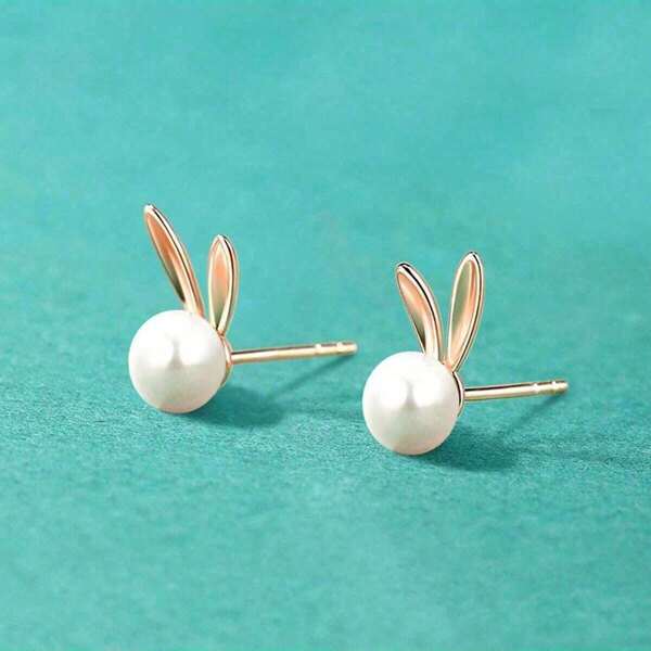 زوج من حلقات الأذن ذات أذني الأرنب اللطيفة المرصعة باللؤلؤ، إكسسوارات مجوهرات ذات تصميم أذن الأرنب من موضوع عيد الفصح، حلقات أذن لؤلؤية أنيقة، هدية مثالية لعيد الفصح