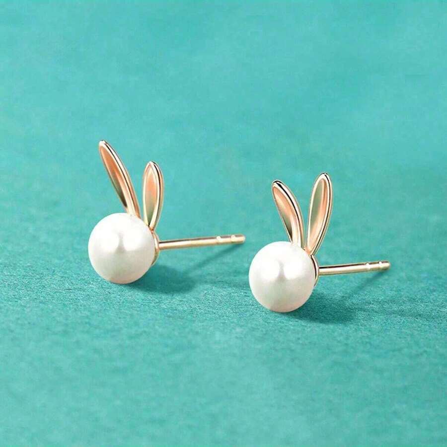 زوج من حلقات الأذن ذات أذني الأرنب اللطيفة المرصعة باللؤلؤ، إكسسوارات مجوهرات ذات تصميم أذن الأرنب من موضوع عيد الفصح، حلقات أذن لؤلؤية أنيقة، هدية مثالية لعيد الفصح