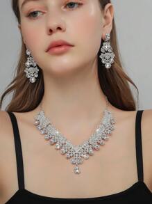3pcs Bridal Jewelry Set, Necklace & Bracelet, With Rhinestones & Zirconia, For Wedding Dress, High-End Accessory