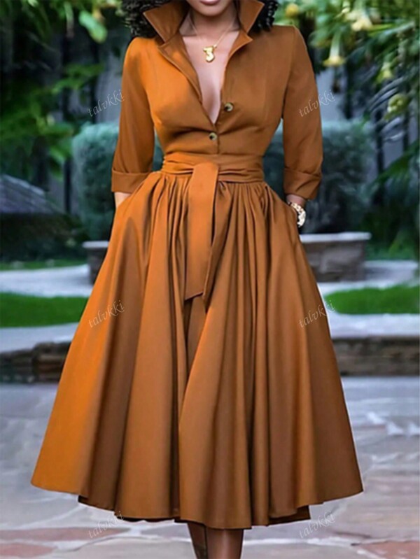 Women's Solid Color Button Front Long Sleeve Tied Waist Casual Midi Dress