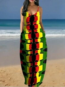 Women Plus Size Casual Vacation Style Printed Spaghetti Strap Dress With Pockets Party Summer Elegant - Multicolor - View 2