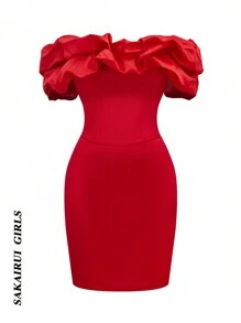 Women's Solid Red Mini Puff Sleeve One-Shoulder Collar Elegant Waisted Swing Christmas Date Party Dress, Wedding Women Dresses - Đỏ - Xem 4
