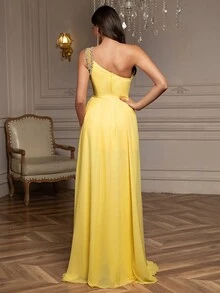 Abito da festa con spacco laterale sulla coscia, con un solo spallino e decorazioni di diamanti scintillanti, adatto per l'estate e la Pasqua, per le donne - Giallo - Visualizzare 4